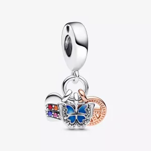 PANDORA Twee-Tone Regenboog Hart, Vlinder & Vrede Triple Dangle Bedel - 782572C01 (afbeelding voor) PANDORA Twee-Tone Regenboog Hart, Vlinder & Vrede Triple Dangle Bedel - 782572C01
