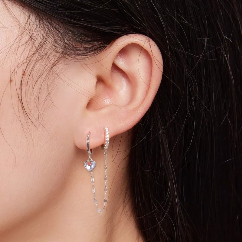 (afbeelding voor) Pandora-stijl dubbele hoepel oorbellen met hartvormige maansteenketting - BSE809 - Bekijken 5