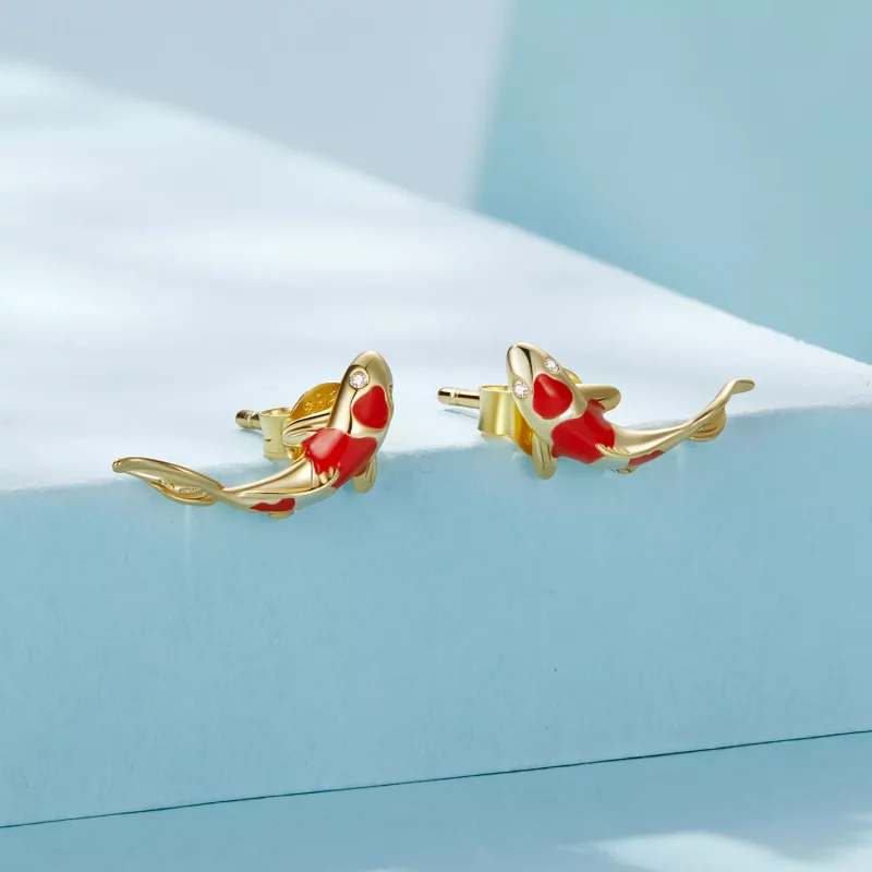 (afbeelding voor) Pandora-stijl Gouden Koi-Zilveren Studs Oorbellen - SCE812-B - Bekijken 2