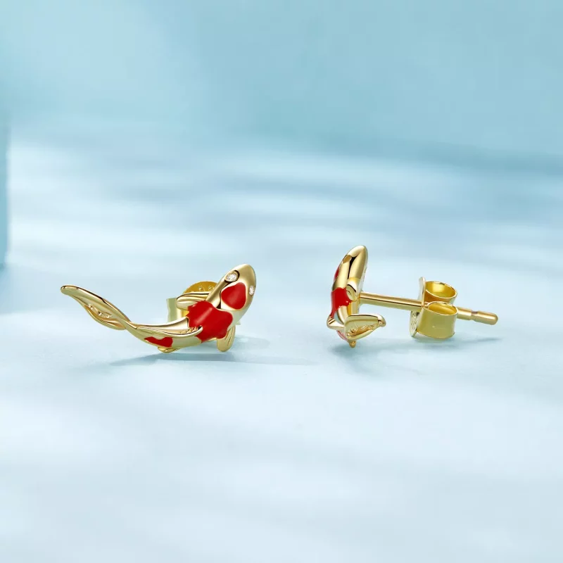 (afbeelding voor) Pandora-stijl Gouden Koi-Zilveren Studs Oorbellen - SCE812-B - Bekijken 3