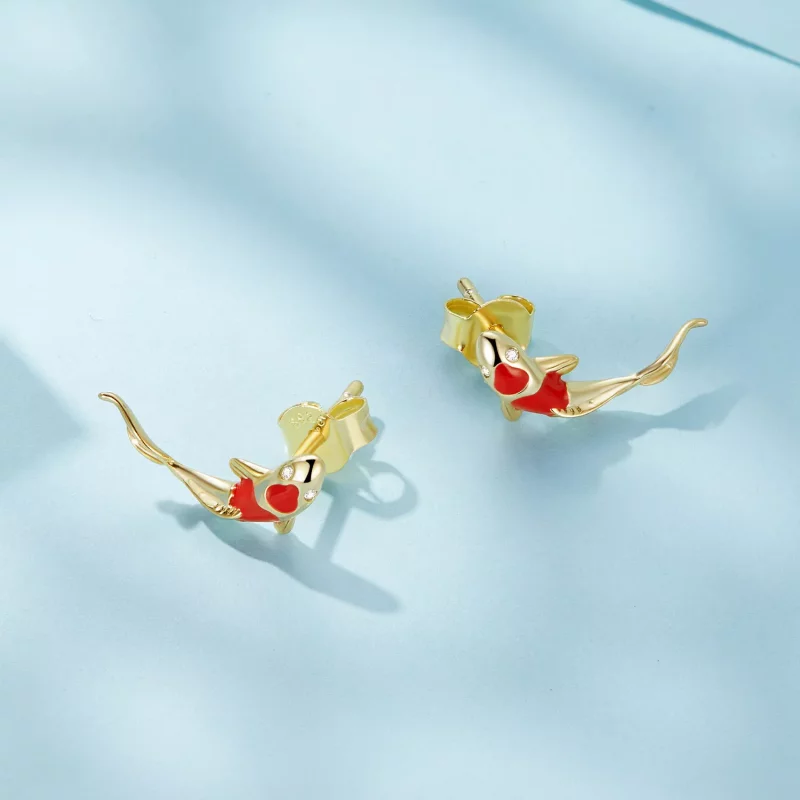 (afbeelding voor) Pandora-stijl Gouden Koi-Zilveren Studs Oorbellen - SCE812-B - Bekijken 4