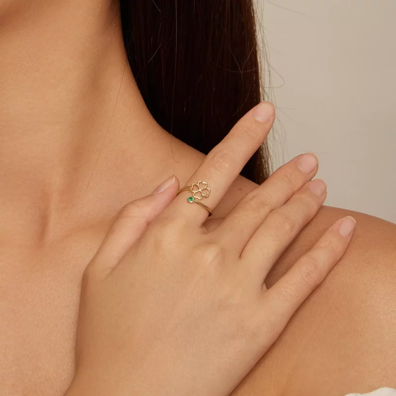 (afbeelding voor) Pandora Stijl Gouden open ring met vierklaver - SCR843-B - Bekijken 4