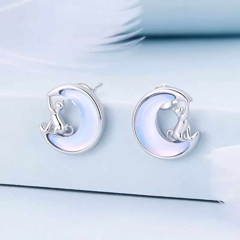 (afbeelding voor) Pandora-stijl Maan Kat Studs Oorbellen - BSE913 - Bekijken 2