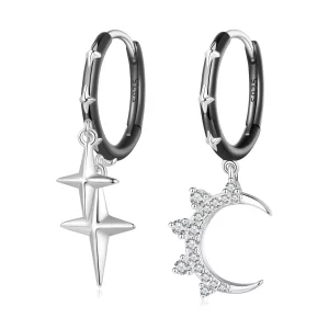 Pandora Stijl Sterren en Maan Glans Hoop Oorbellen - BSE805 (afbeelding voor) Pandora Stijl Sterren en Maan Glans Hoop Oorbellen - BSE805