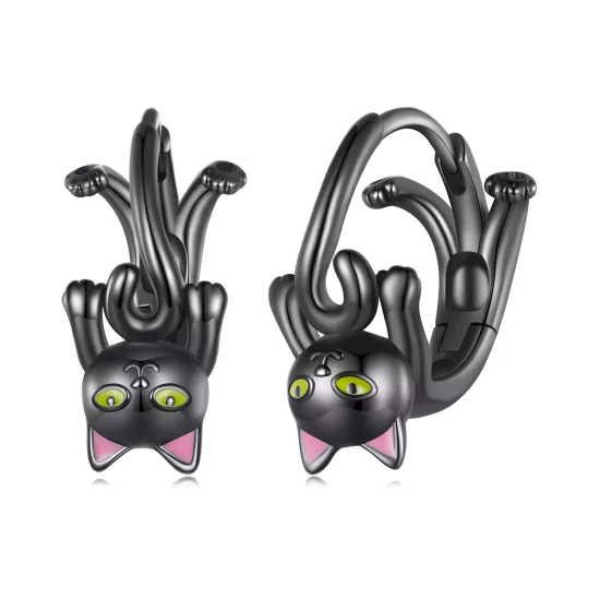 (afbeelding voor) Pandora-stijl zwarte kattenhanger oorbellen - BSE798