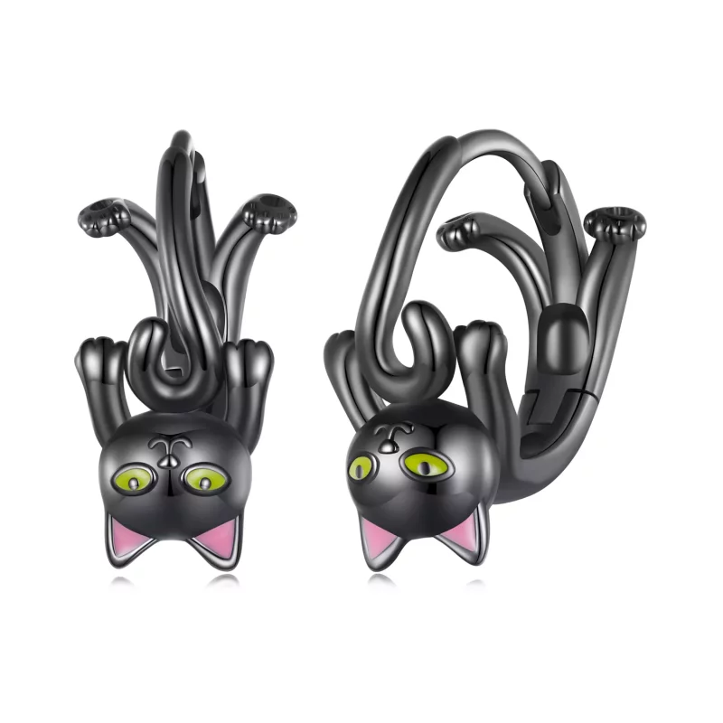 (afbeelding voor) Pandora-stijl zwarte kattenhanger oorbellen - BSE798