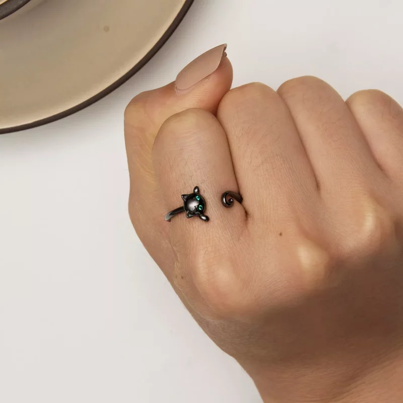 (afbeelding voor) Pandora Stijl Zwarte Schattige Kat Open Ring - SCR707-D - Bekijken 6