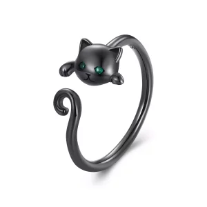Pandora Stijl Zwarte Schattige Kat Open Ring - SCR707-D (afbeelding voor) Pandora Stijl Zwarte Schattige Kat Open Ring - SCR707-D