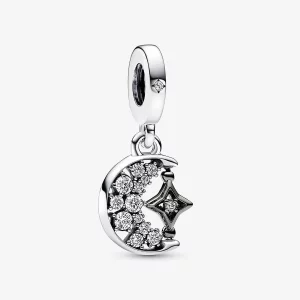 Pandora Sparkling Crescent Moon & Spinnable Star Dangle Charm - 792781C01 (afbeelding voor) Pandora Sparkling Crescent Moon & Spinnable Star Dangle Charm - 792781C01