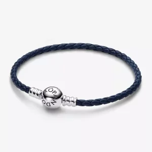 Pandora Moments Blauwe Gevlochten Leren Armband met Ronde Sluiting - 592790C01 (afbeelding voor) Pandora Moments Blauwe Gevlochten Leren Armband met Ronde Sluiting - 592790C01