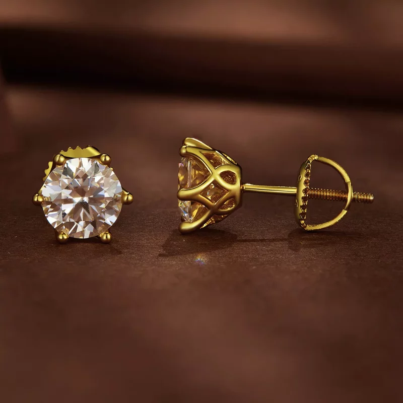 (afbeelding voor) Pandora-stijl vergulde oorbellen met één karaat zeszijdige Moissanite steen - MS - Bekijken 2