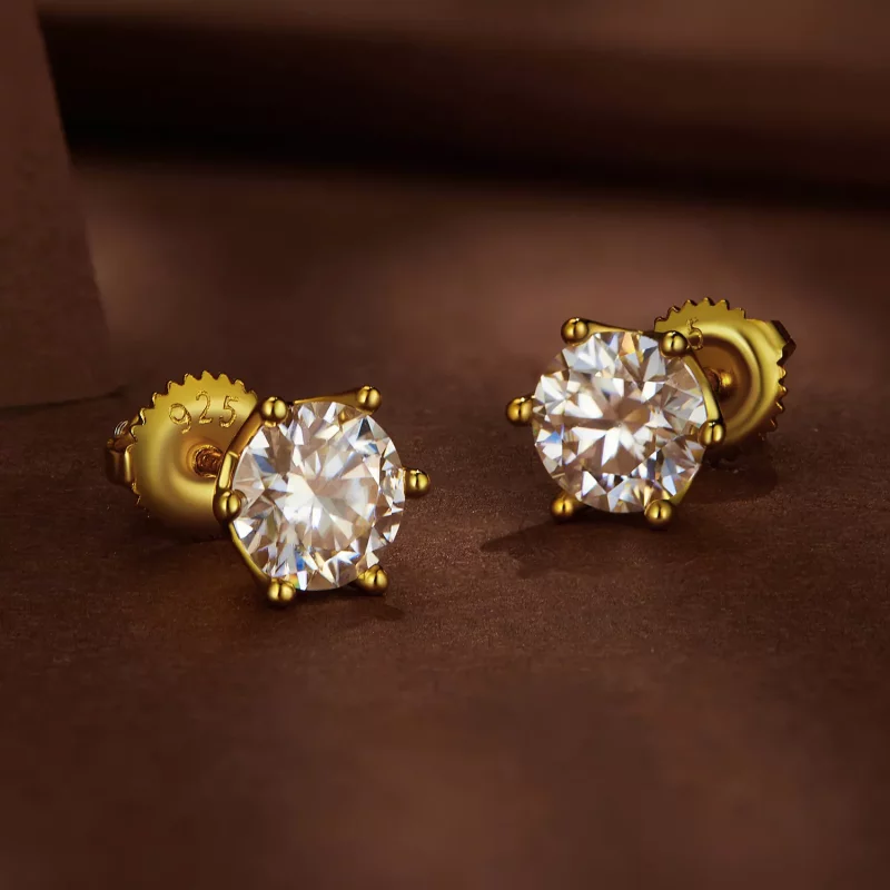 (afbeelding voor) Pandora-stijl vergulde oorbellen met één karaat zeszijdige Moissanite steen - MS - Bekijken 3