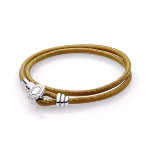 Pandora Zilveren Gouden Tan Dubbele Lederen Armband 597194Cgt-D (afbeelding voor) Pandora Zilveren Gouden Tan Dubbele Lederen Armband 597194Cgt-D