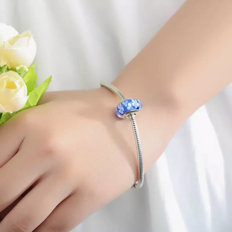 (afbeelding voor) Pandora Style Blauwe Murano Glas Witte Bloemen Bedel - SCZ006 - Bekijken 6