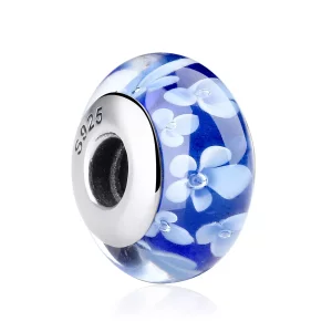 Pandora Style Blauwe Murano Glas Witte Bloemen Bedel - SCZ006 (afbeelding voor) Pandora Style Blauwe Murano Glas Witte Bloemen Bedel - SCZ006