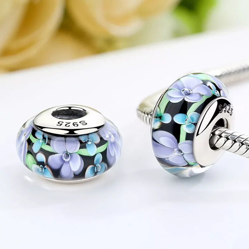 (afbeelding voor) Pandora Style Paarse bloemen Murano Glas Bedel - SCZ009 - Bekijken 3
