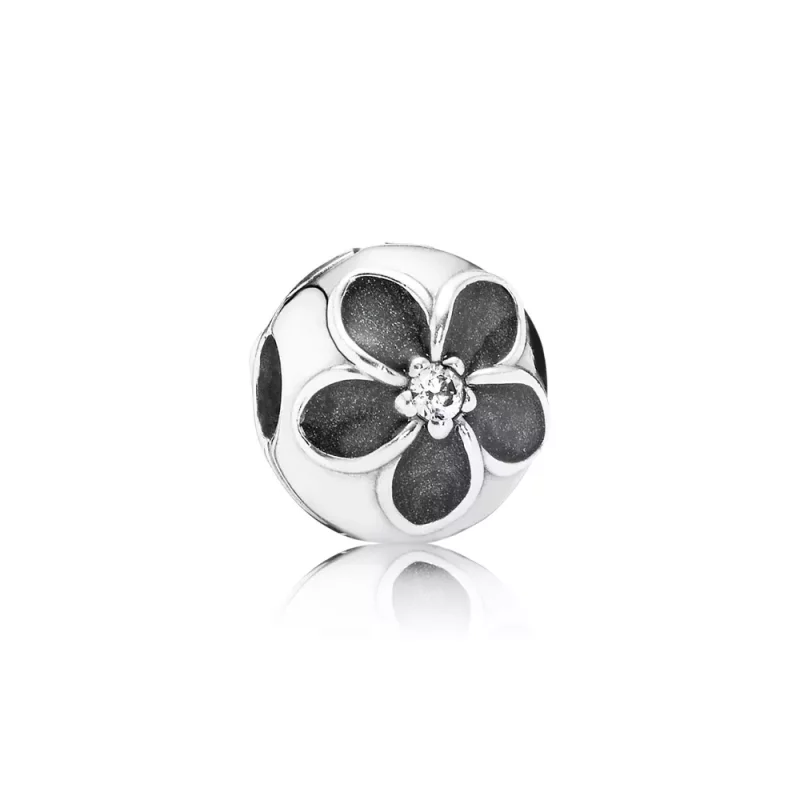 (afbeelding voor) PANDORA Floral Silver Clip With Cubic Zirconia And Black Enamel - 791408CZ