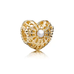 (afbeelding voor) PANDORA Openwork Heart Gold Bedel With White Freshwater Cultured Pearls - 750822P