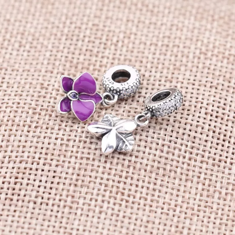 (afbeelding voor) PANDORA Orchid Silver Dangle With Clear And Purple Cubic Zirconia And Purple Ena - Bekijken 4