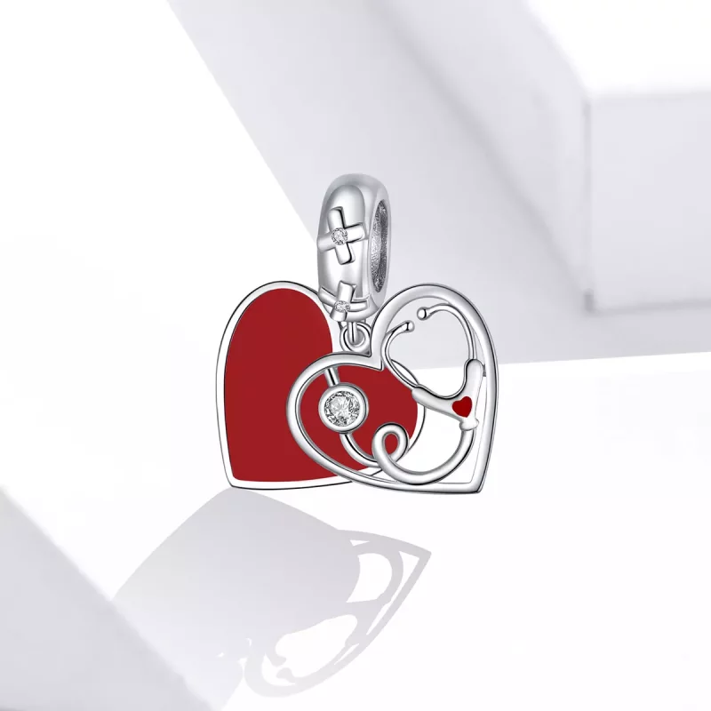 (afbeelding voor) Pandora Style Stethoscoop met rood hart Hangende Bedel - BSC308 - Bekijken 2