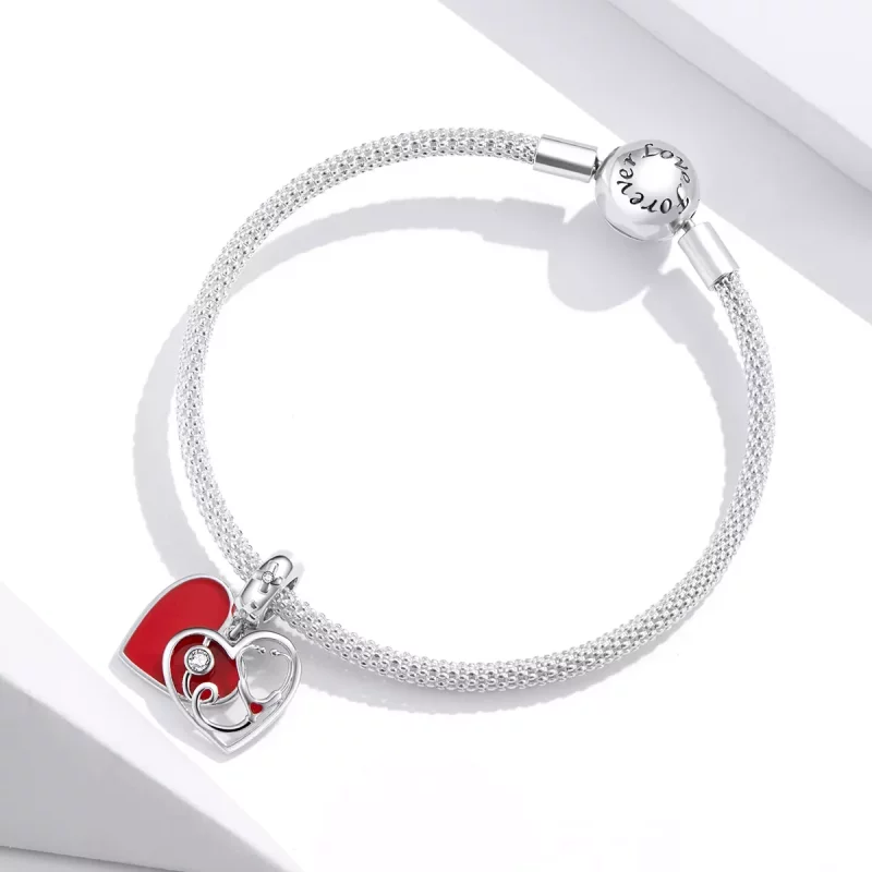(afbeelding voor) Pandora Style Stethoscoop met rood hart Hangende Bedel - BSC308 - Bekijken 3