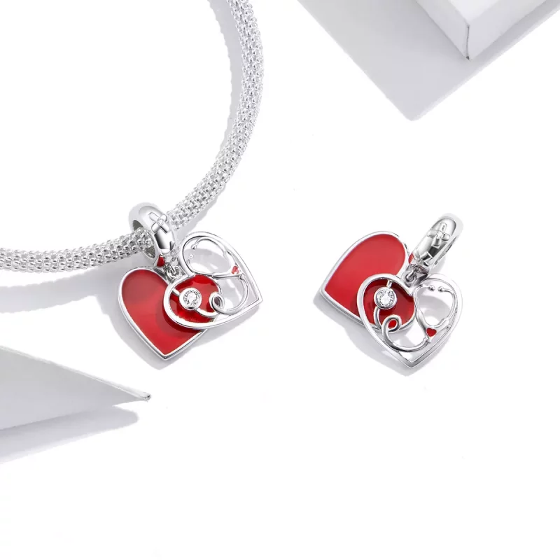 (afbeelding voor) Pandora Style Stethoscoop met rood hart Hangende Bedel - BSC308 - Bekijken 4