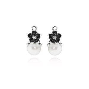 (afbeelding voor) PANDORA Floral Silver Pendant Earrings With White Freshwater Cultured Pearls, Cubic Zirconia And Black Enamel - 290684P