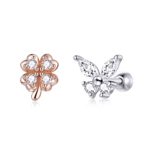 (afbeelding voor) Pandora Style Bicolor Gelukkig Gras en Vlinders Oorknopjes - SCE1008