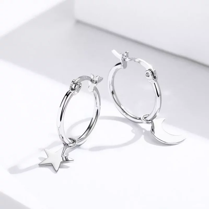 (afbeelding voor) Pandora Style Ster en maan asymmetrie Oorhangers - SCE681 - Bekijken 2