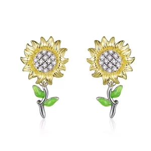 (afbeelding voor) Pandora Style Tweekleurige Zonnebloem Oorknopjes - SCE919