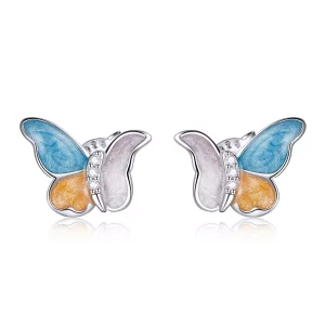 (afbeelding voor) Pandora Style Vlinder met drie kleuren Oorknopjes - SCE1156