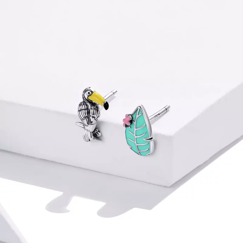 (afbeelding voor) Pandora Style Vogel en blad met grote snavel Oorknopjes - SCE1083 - Bekijken 4