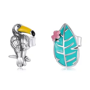 Pandora Style Vogel en blad met grote snavel Oorknopjes - SCE1083 (afbeelding voor) Pandora Style Vogel en blad met grote snavel Oorknopjes - SCE1083