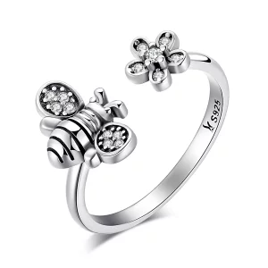 Pandora Style Bij en bloem Open Ring - SCR086 (afbeelding voor) Pandora Style Bij en bloem Open Ring - SCR086
