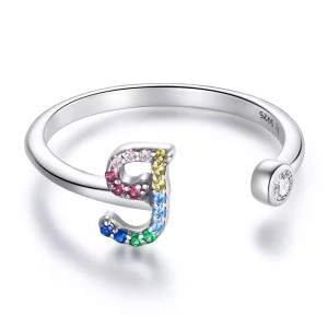 Pandora Style Kleurrijke Letter-J Open Ring - SCR723-J (afbeelding voor) Pandora Style Kleurrijke Letter-J Open Ring - SCR723-J