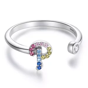 Pandora Style Kleurrijke Letter-P Open Ring - SCR723-P (afbeelding voor) Pandora Style Kleurrijke Letter-P Open Ring - SCR723-P