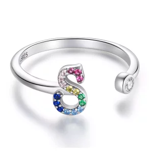 Pandora Style Kleurrijke Letter-S Open Ring - SCR723-S (afbeelding voor) Pandora Style Kleurrijke Letter-S Open Ring - SCR723-S