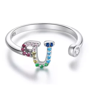 Pandora Style Kleurrijke Letter-U Open Ring - SCR723-U (afbeelding voor) Pandora Style Kleurrijke Letter-U Open Ring - SCR723-U