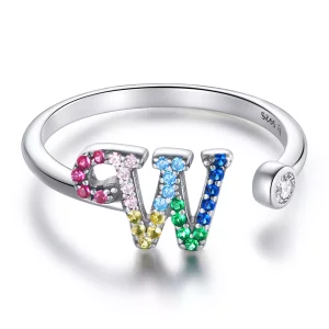 Pandora Style Kleurrijke Letter-W Open Ring - SCR723-W (afbeelding voor) Pandora Style Kleurrijke Letter-W Open Ring - SCR723-W