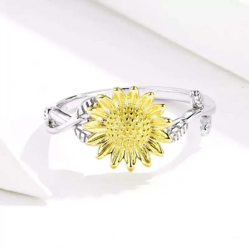 (afbeelding voor) Pandora Style Tweekleurige gouden zonnebloemen Open Ring - SCR596 - Bekijken 3