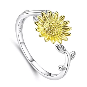 Pandora Style Tweekleurige gouden zonnebloemen Open Ring - SCR596 (afbeelding voor) Pandora Style Tweekleurige gouden zonnebloemen Open Ring - SCR596