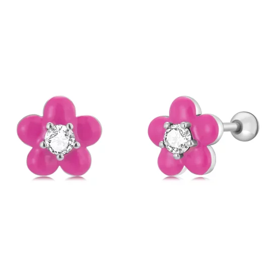 (afbeelding voor) Pandora Style Fluorescerende roze bloemen Oorknopjes - SCE1353