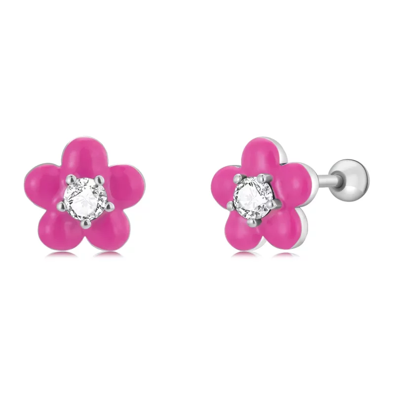 (afbeelding voor) Pandora Style Fluorescerende roze bloemen Oorknopjes - SCE1353