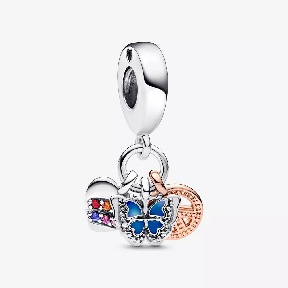 pandora twee tone regenboog hart vlinder vrede triple dangle bedel 782572c01