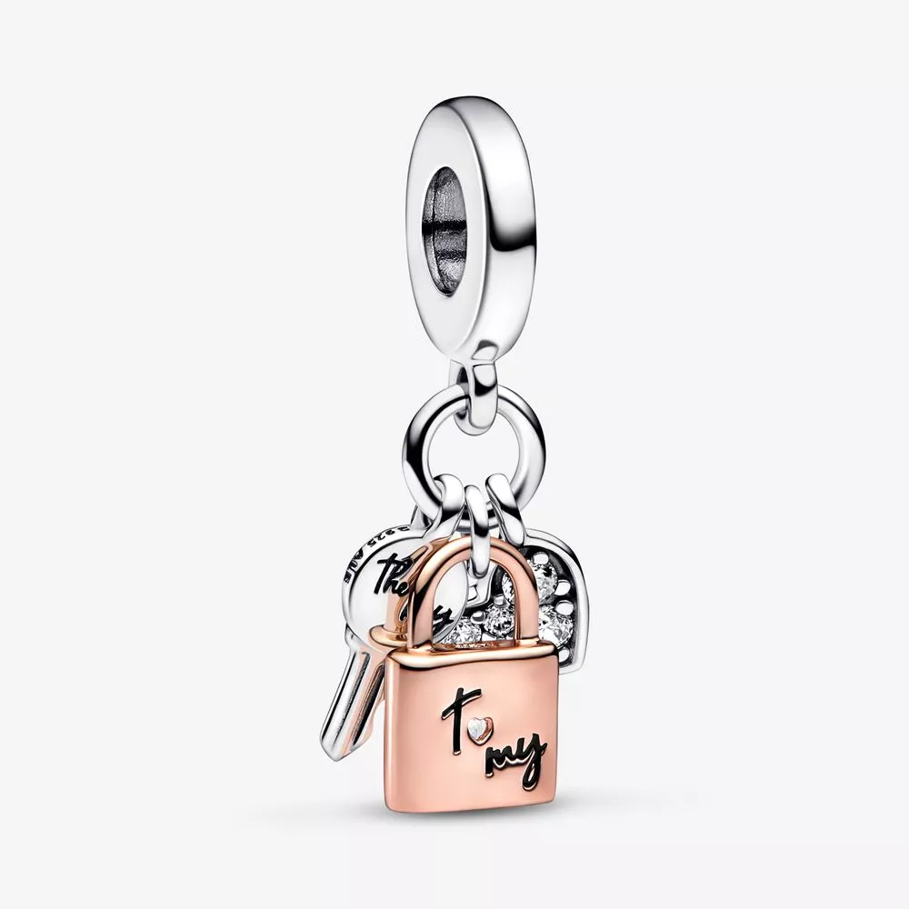 pandora twee tone sleutel hangslot hart triple dangle bedel 782506c01