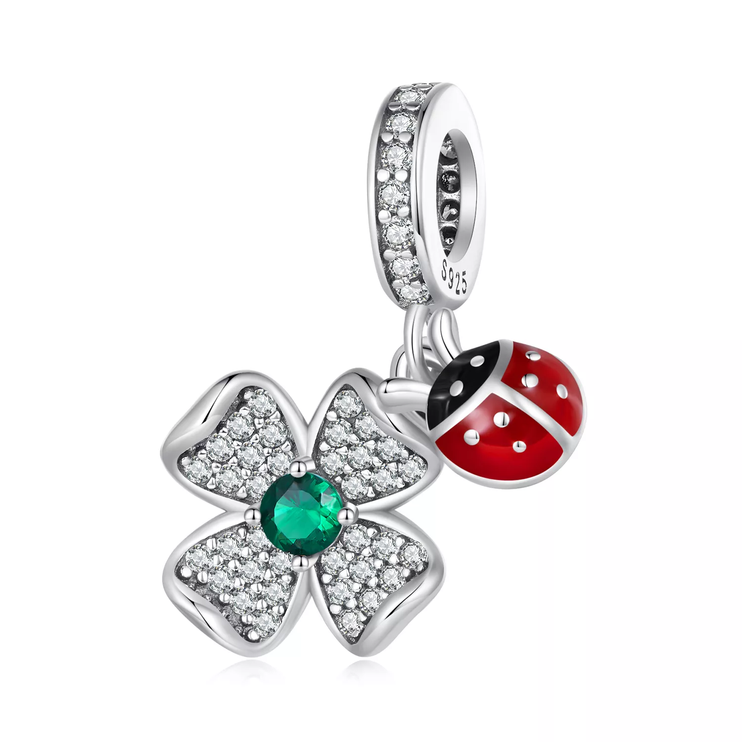 pandora stijl gelukkig klavertje vier lieveheersbeestje hanger bedel scc2523