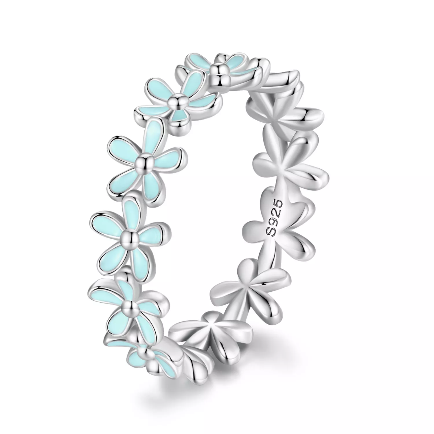 pandora stijl ring met een klein blauw bloemetje scr931